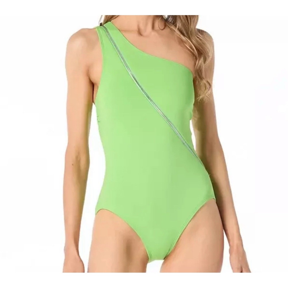 Michael Kors Zip Front One Shoulder One Piece Swimsuit Green Apple Size 6 NWT